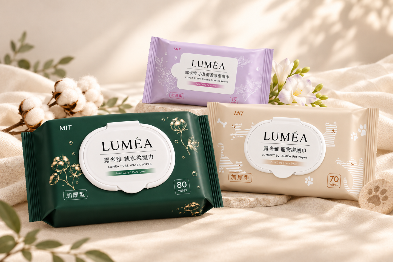 LUMÉA PURE、FLEUR 與 LUMIPET 柔濕巾放在米白花影情境中