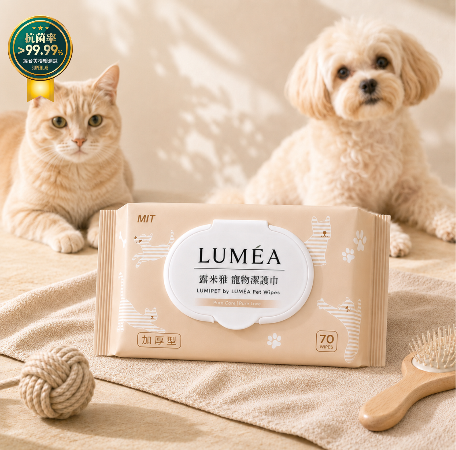LUMIPET by LUMÉA｜露米雅 寵物潔護巾抗菌標章情境產品圖